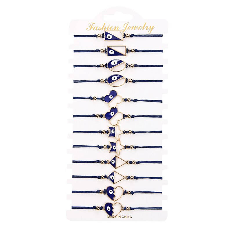 Pulsera de cuerda trenzada con conchas de cristal para mujer, brazalete ajustable hecho a mano con de Calavera, mariposa y mal de ojo, 12 unids/lote: B2675