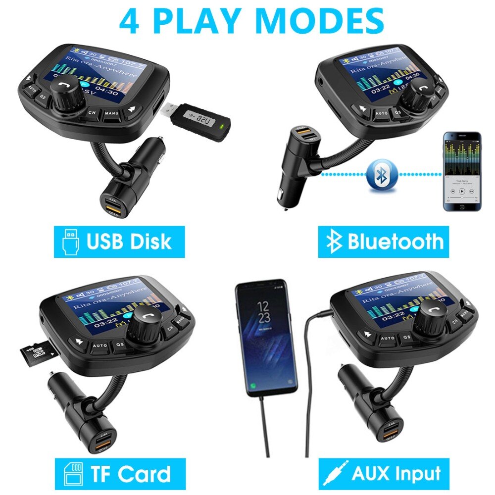 Bluetooth MP3 Spieler FM Sender Modulator Fahrzeug 3 USB Hafen AUX Hafen QC 3,0 TF Karte Mit 1,8 Zoll bildschirm