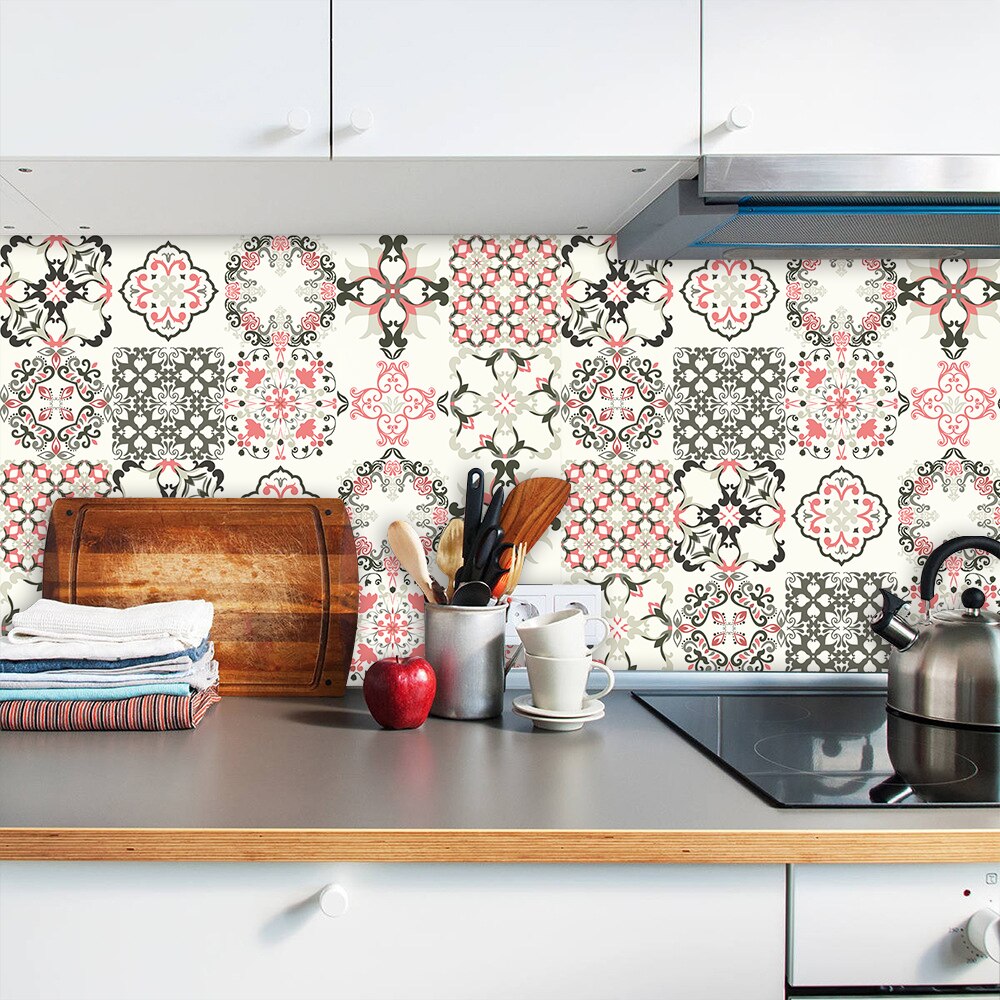 Farverig blomster ornament keramiske fliser vægklistermærke køkken garderobe skuffe dekoration tapet skræl & stick pvc kunst vægmaleri