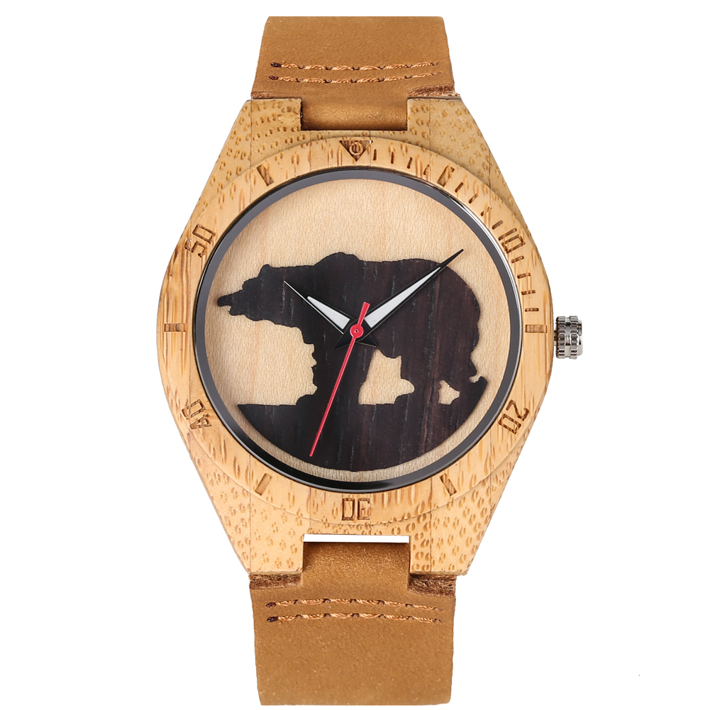 Montre classique en bois de Quartz pratique ours polaire lumineux Silhouette Unique en trois dimensions montre en bois hommes horloge: 3