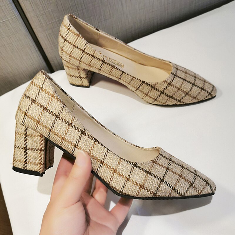 Plus Size Women Dress Shoes Ol Office Lady Shoes Costume Tweed Pump Plaid Boat Shoes Pointed Toe Ladies Shoe zapatos mujer 7905N: Beige / 10