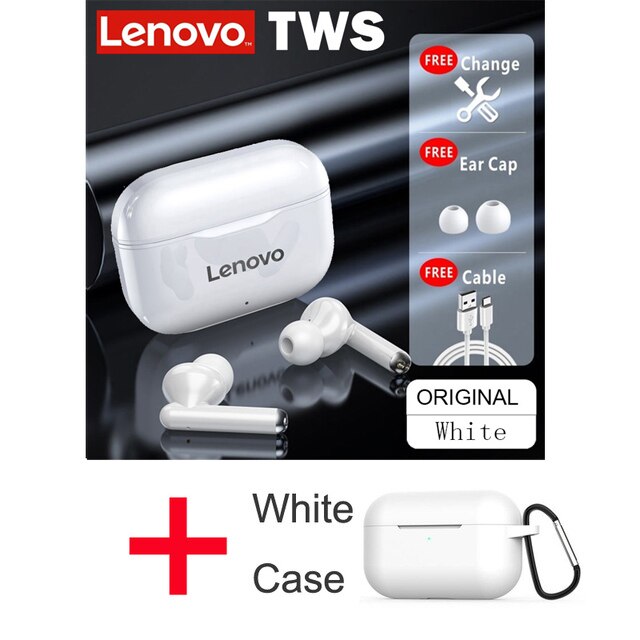 Lenovo-auriculares inalámbricos LP1 con TWS, cascos deportivos impermeables con Bluetooth 5,0, micrófono con cancelación de ruido, estéreo Dual, HIFI, bajos táctiles: white with case