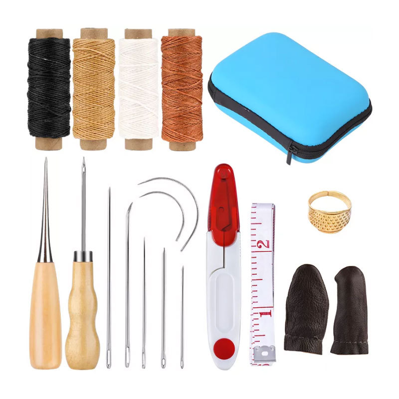 Zestaw narzędzi robić skóry, zestaw rzemieślniczy robić obróbki skóry z woskowaną nićą, szpikulcem robić szycia, igłami zakrzywionymi, naparstkiem, narzędzia robić naprawy dla początkujących i profesjonalistów.: Ciemnoszary