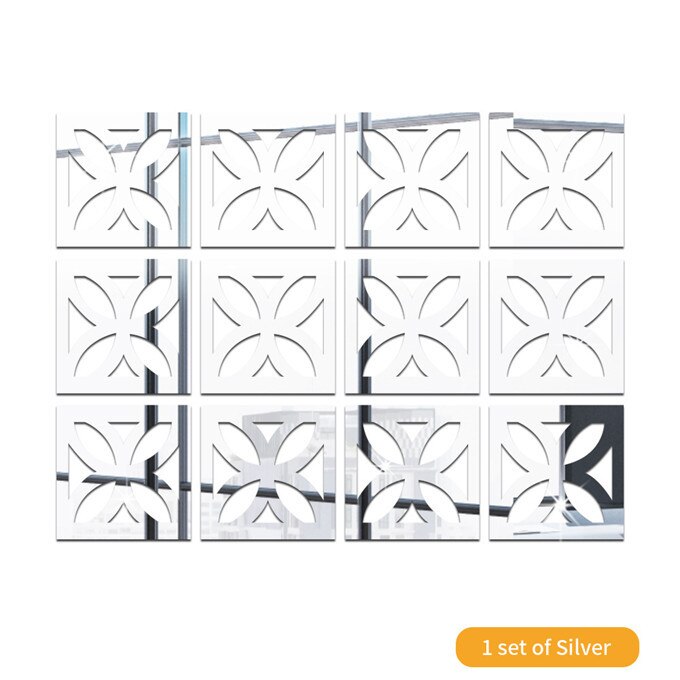 Pegatina de espejo de flores de cuatro hojas de hueco para sala de estar, papel tapiz de decoración de dormitorio, calcomanías de espejo acrílico para decoración del hogar, bricolaje: Silver