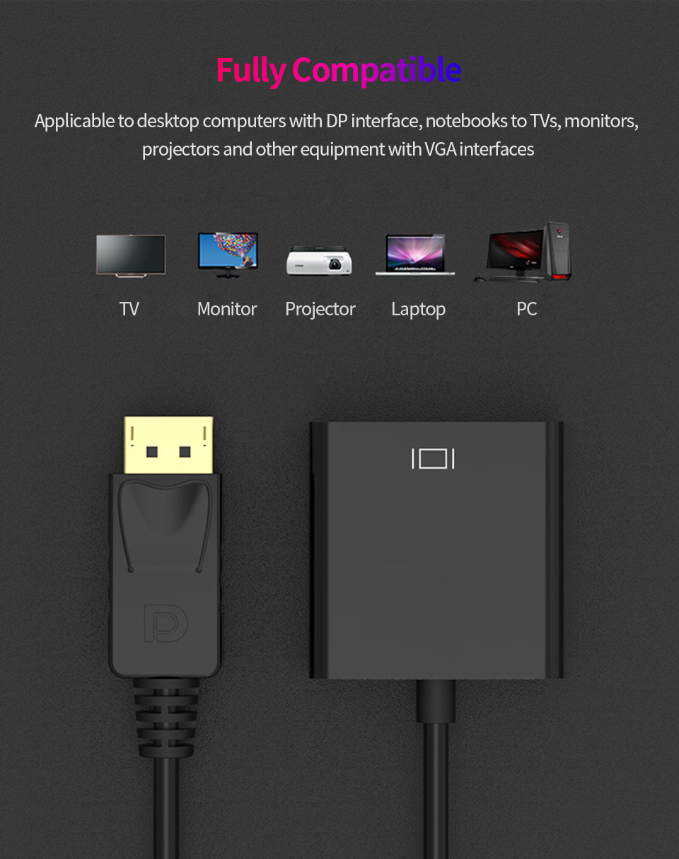 DisplayPort to VGA Adapter 1080p DP Male to VGA Female Converter Cable For Projector TV Computer Laptop PC