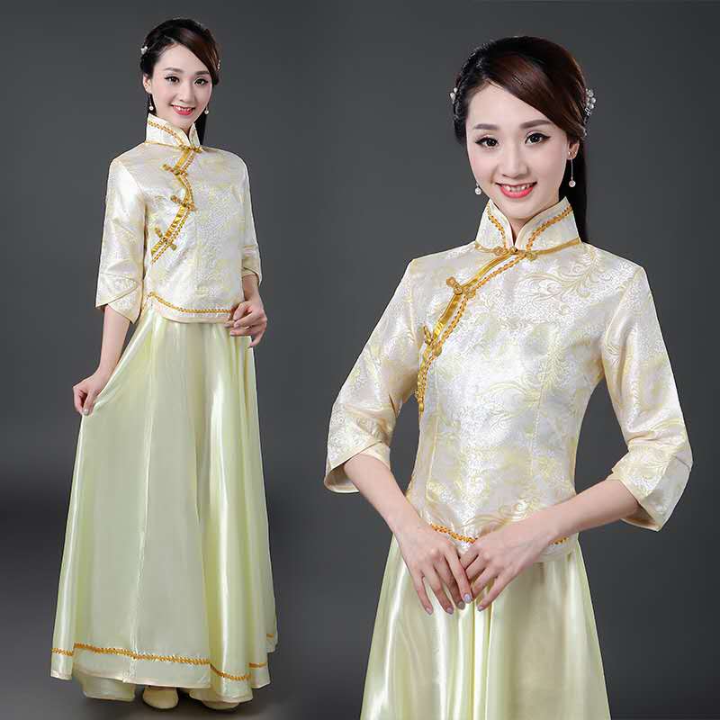 Traditionele chinese kleding voor vrouwen, zangeres, podiumkleding, chinees danskostuum, traditioneel optredenpak.: Geel / Xxl