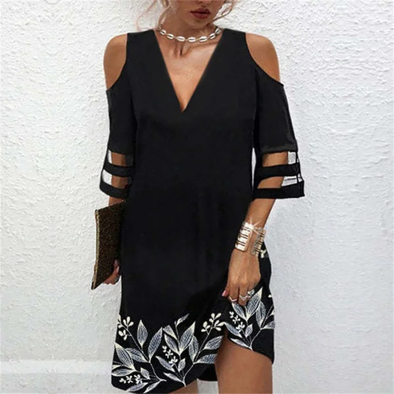 Frauen Weg Von Der Schulter Kleider Mesh Spleißen Halbe Hülse V-ausschnitt Pullover Kleid Eleganten Druck Weibliche Büro Pendler Kleid