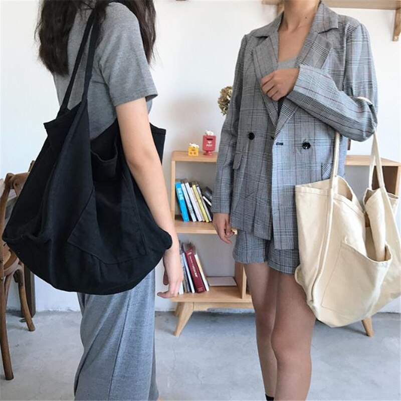 Women Canvas Shoulder Bag Large Capacity Female Big Tote Handbag Folding Reusable Shopping Bags Thin Strap Cloth Bags