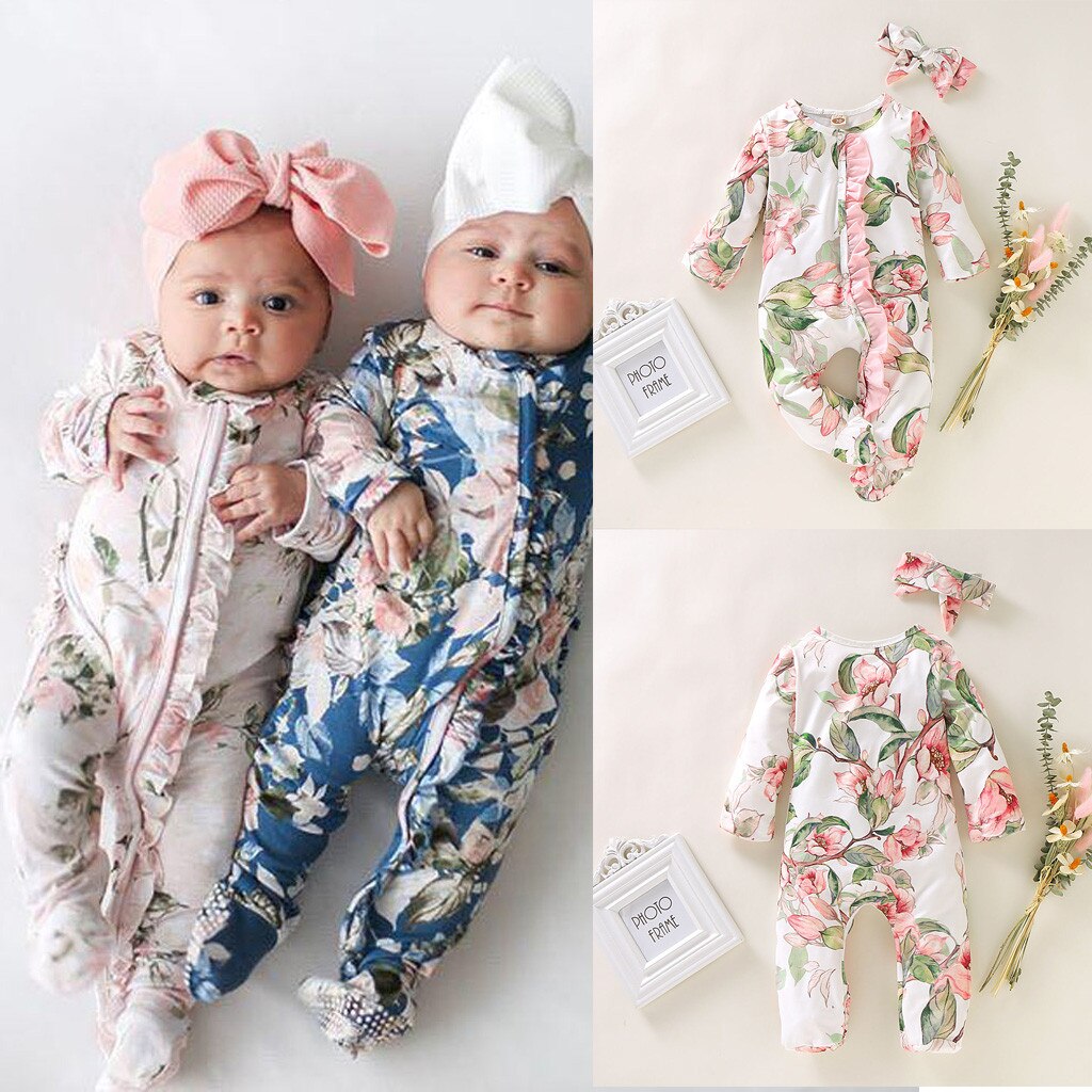 Newborn Baby Clothes Baby Boy Clothes Jumpsuit Newborn Infant Baby Girl Boy Footed Sleeper Romper Headband Clothes Outfits Set