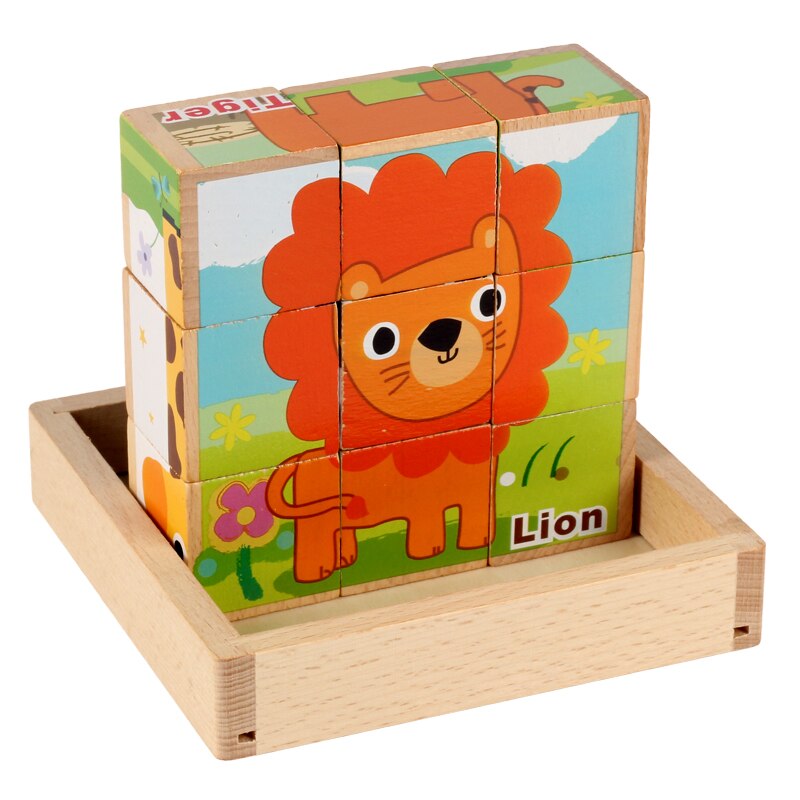 9pcs 6 lato giocattolo Del Bambino 3D Del Fumetto di Legno Tagliere blocco blocco blocco di cubi di Legno di Frutta Animale Traffico giocattoli Educativi per regalo dei bambini