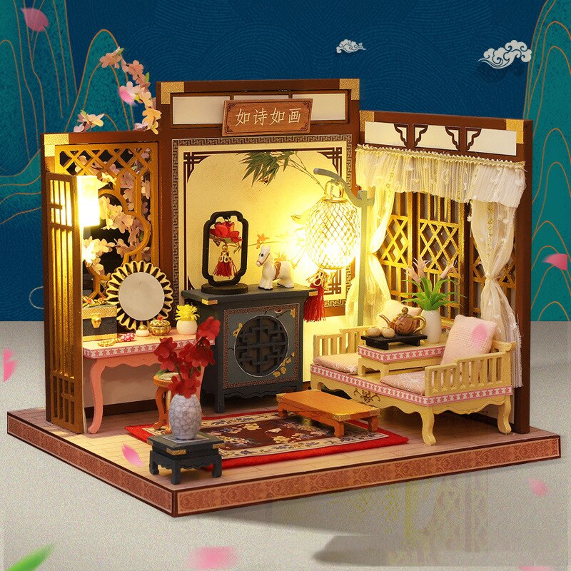 DIY Holz Puppe Haus Bausatz Montiert Miniatur Möbel mit Zubehör Chinesische Casa Licht Puppenhaus Spielzeug für Erwachsene Weihnachten