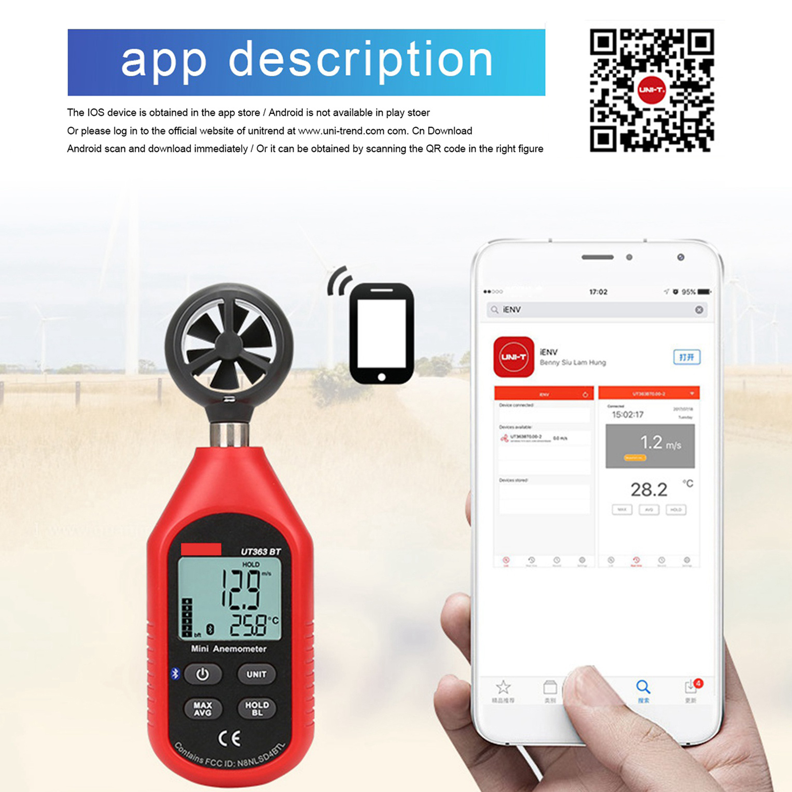 UT363BT Anemometer Digital Wind Speed Measurement Temperature Tester LCD Display Handheld Air Flow Speed Wind Meter Monitor