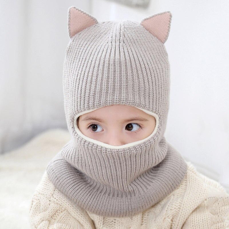 Conjunto de bufanda con orejas de gato para niño y niña, gorro tejido para bebé, conjunto de bufanda, gorro de terciopelo y protección para el cuello, a prueba de viento, Invierno: gray