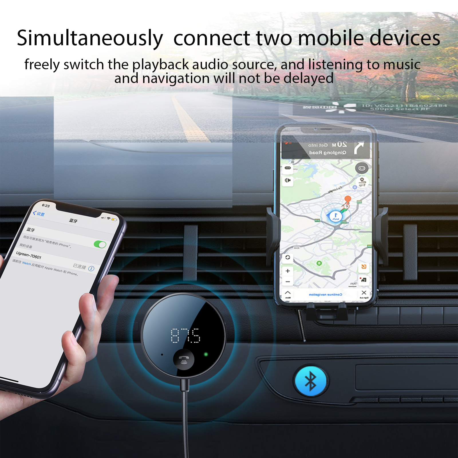 Bluetooth 5.2 FM-Transmitter für Auto, Auto-Adapter mit Bass, Stereo-HiFi-Sound-Receiver, unterstützt Freisprechanrufe, Aux Out TF-Karte