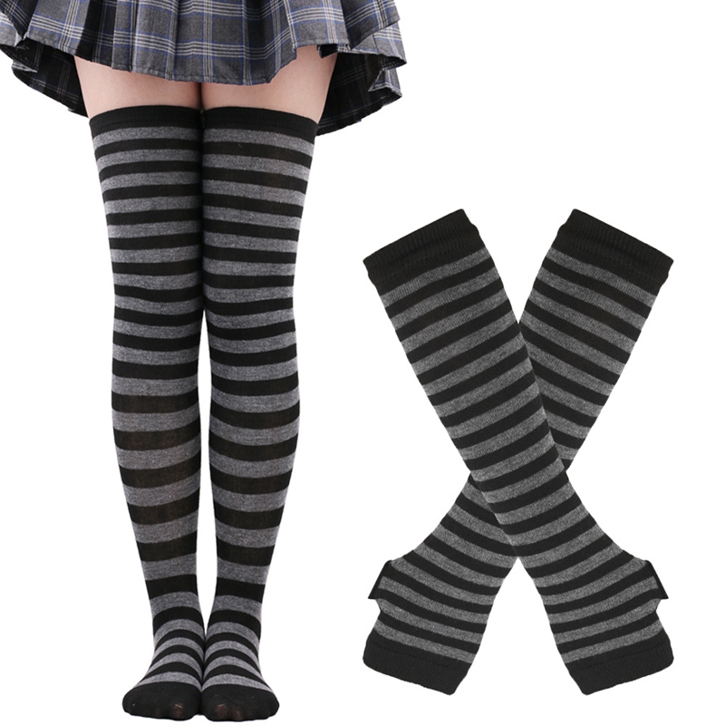 1 Set Women Gothic Punk Over Knee Long Stripe Socks Arm Sleeve Gloves for Girl Thigh High Cotton Socks Sweet Cute Christmas: GRAY