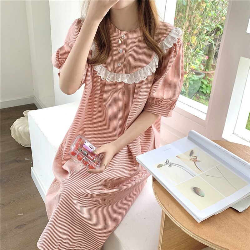 Alien Kitty Sweet Princess Comfortable Chic Casual Homewear Lace Summer Sleepwear Striped Dress Pajamas Loose Nightdress
