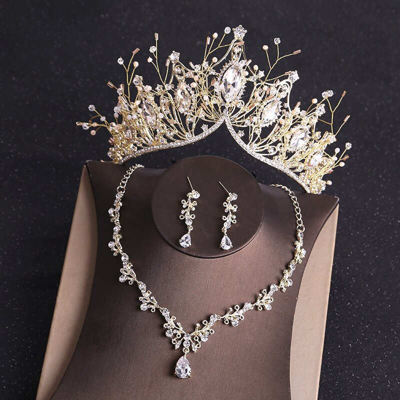 KMVEXO, disfraz de novia, juegos de joyas con diamante de imitación de cristal dorado, Tiara, corona, pendientes, collar de boda, novia, conjunto de joyería de lujo: 3PCS Gold Set