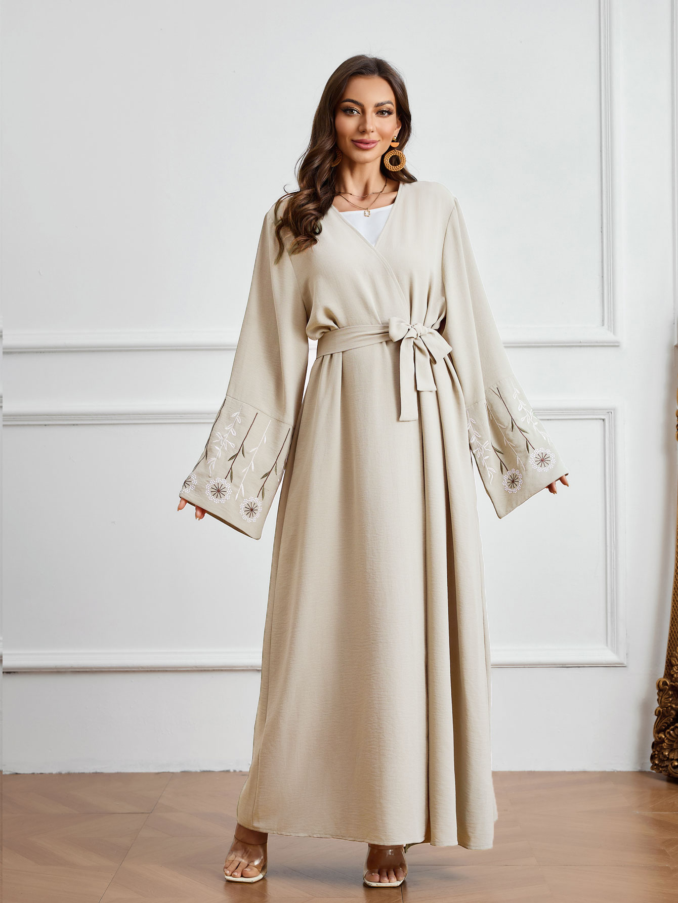 2025 Abaya vestido largo musulmán Ramadán ropa de oración bordado albaricoque suelto manga larga cintura atada vestido árabe: Crema