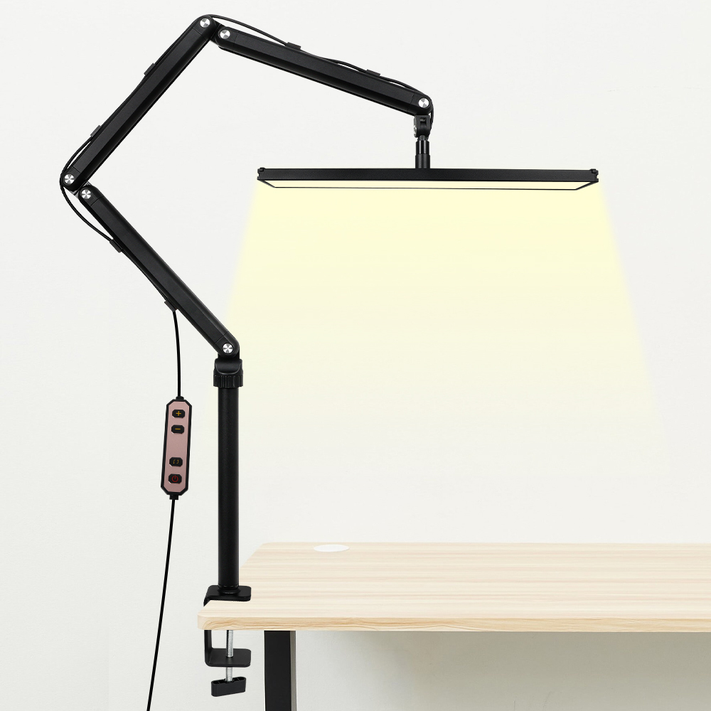 Lampada da scrivania a LED 3000K-6000K con morsetto 1400LM Lampada da banco da lavoro con braccio oscillante in metallo luminoso e accattivante per gli occhi Doppio adattatore/porta USB per ufficio