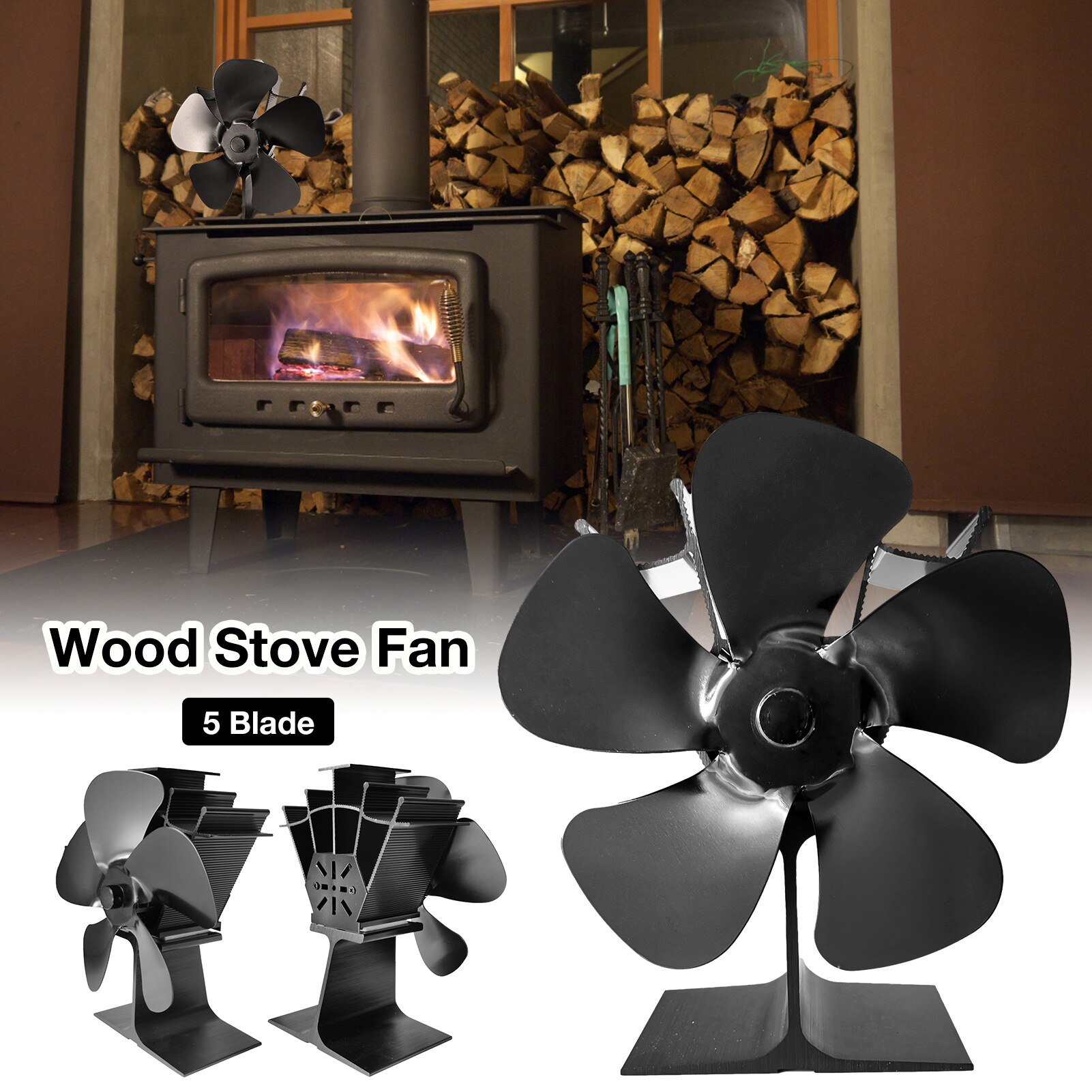 Upgraded 5-Blade Fireplace Fan Thermoelectric Module Wood Stove Fan Heating Stove Circulatory System Fan Grate On The Ear Heater