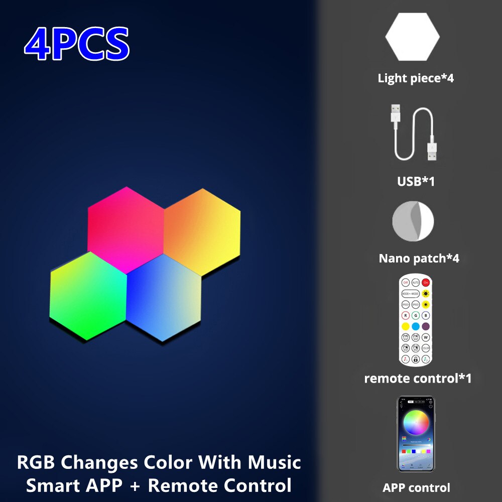RGB Quantum Lamp Smart APP Hexagon Light Wall Lamp Touch Sensor LED Night Light rgbw DIY LED Honeycomb Light USB Modular Lamp 5V: 4PCS