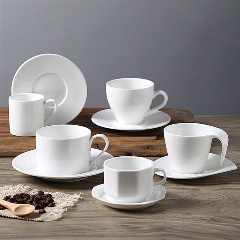 European Ceramic Minimalist Coffee Cup with Saucer Set White Porcelain Afternoon Teacup Latte Cappuccino Mug Drinkware