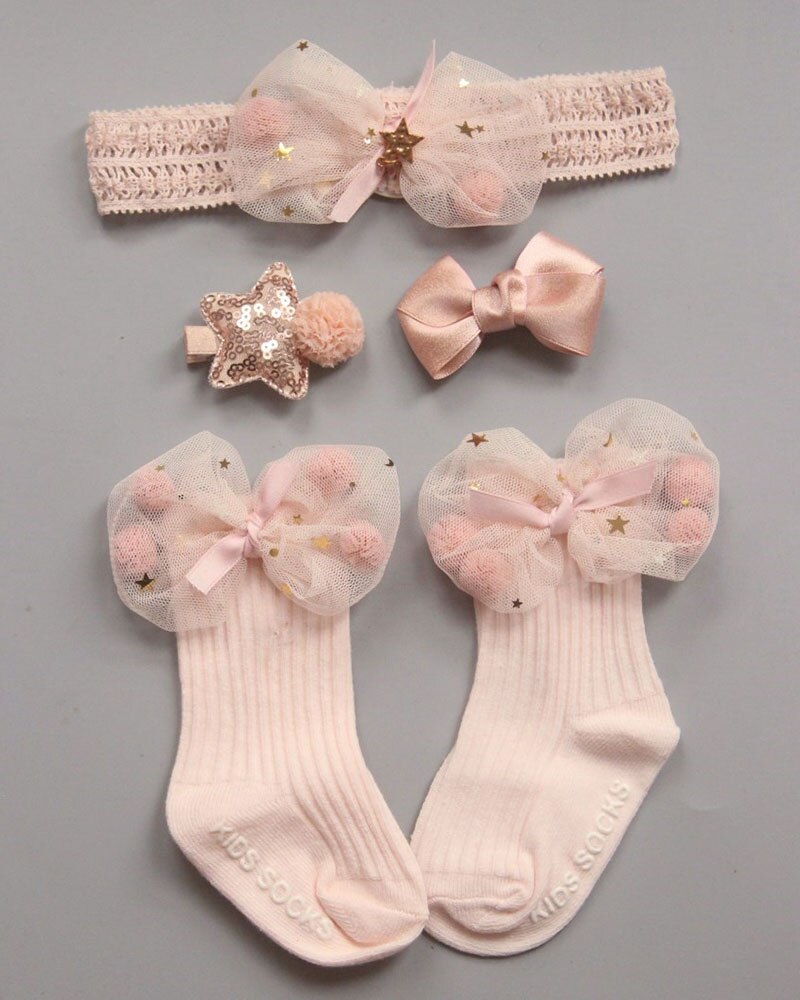 Neugeborenen-mädchen-socken + haarband-einstellen, prinzessinnen-krippensocken mit spitze und blumenmuster, baumwollsocken, haarspangen, prinzessin für kleinkinder, 0-2t stück