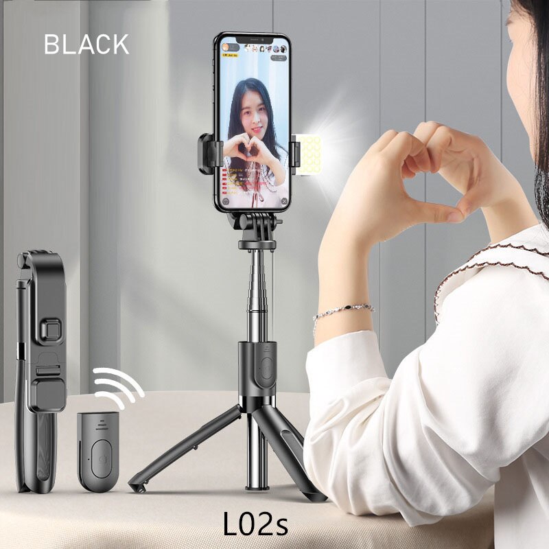 4 in 1 bluetooth-selfie-stick mit led-fülllicht, faltbarem stativ für smartphone-kamera, kabellosem, ausziehbarem monopod-selfie-stick: Schwarz
