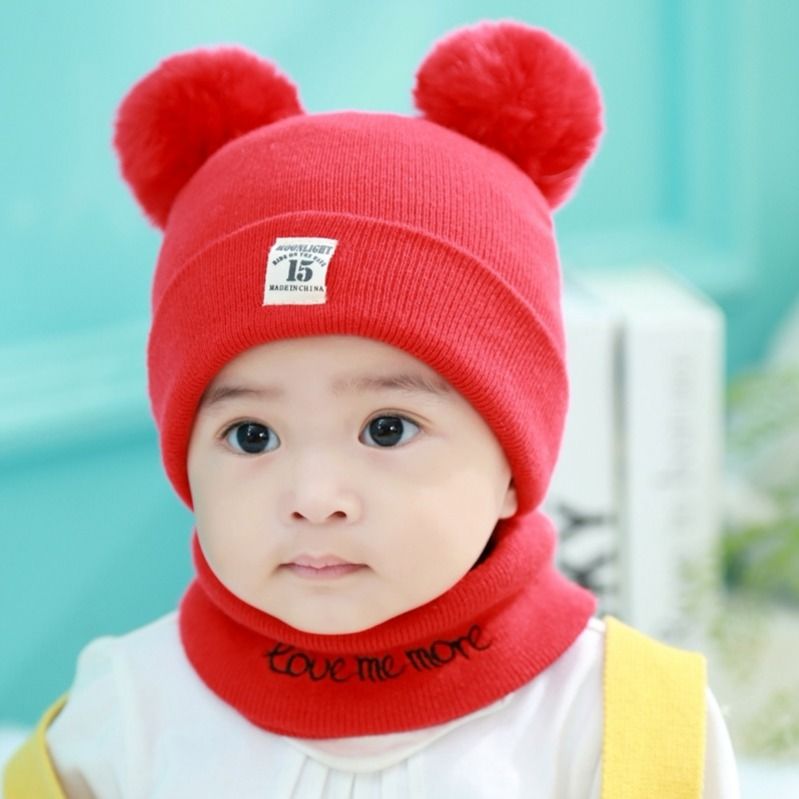 Baby hat forår og efterår 0-3-6-12 måneder drenge og piger hat vinter varm uld børn hat hals omslag børns fortykkede hatte: Rød