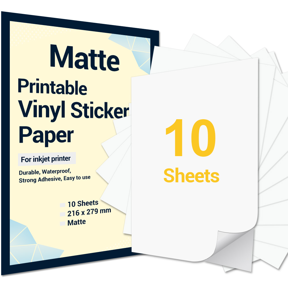 10 Sheets Printable Vinyl Sticker Paper 216x279mm Glossy Self-Adhesive Printer Paper for Inkjet Printer DIY Decals Crafts: Matte