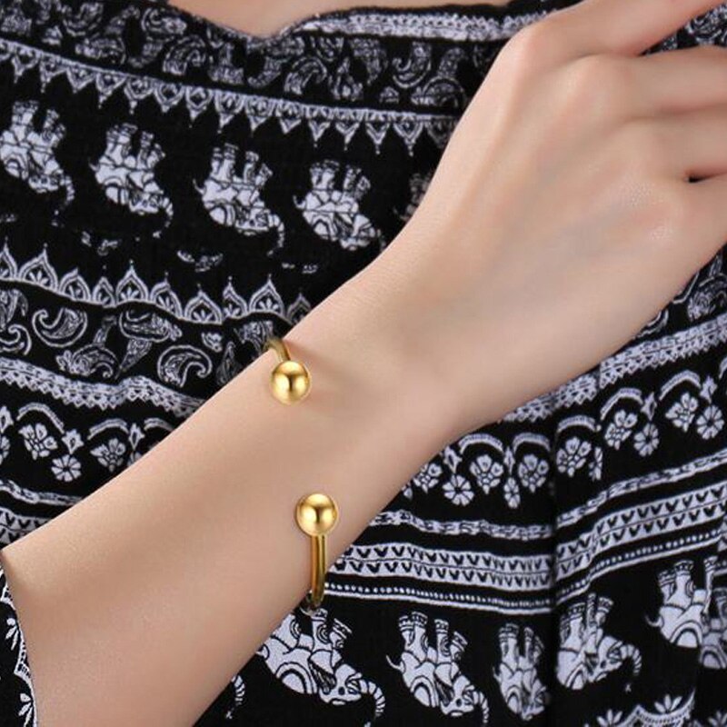 Charm Ball Cuff Bangle Women Bracelet Stainless Steel Gold Color Stackable Daily Jewelry