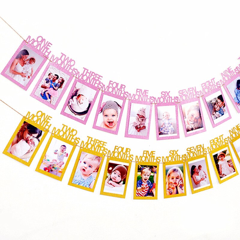 12 måneders fotoramme banner glitterpapir 1st børnefødselsdagsfest hængende dekoration håndværkspapir baby shower forsyninger 13 designs