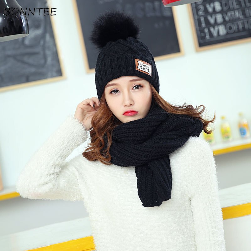 Tørklæde og hat sæt kvinder tykkere strikket solid enkelt chic studerende søde hatte koreansk match match kvindes hals beskyttelse tørklæder