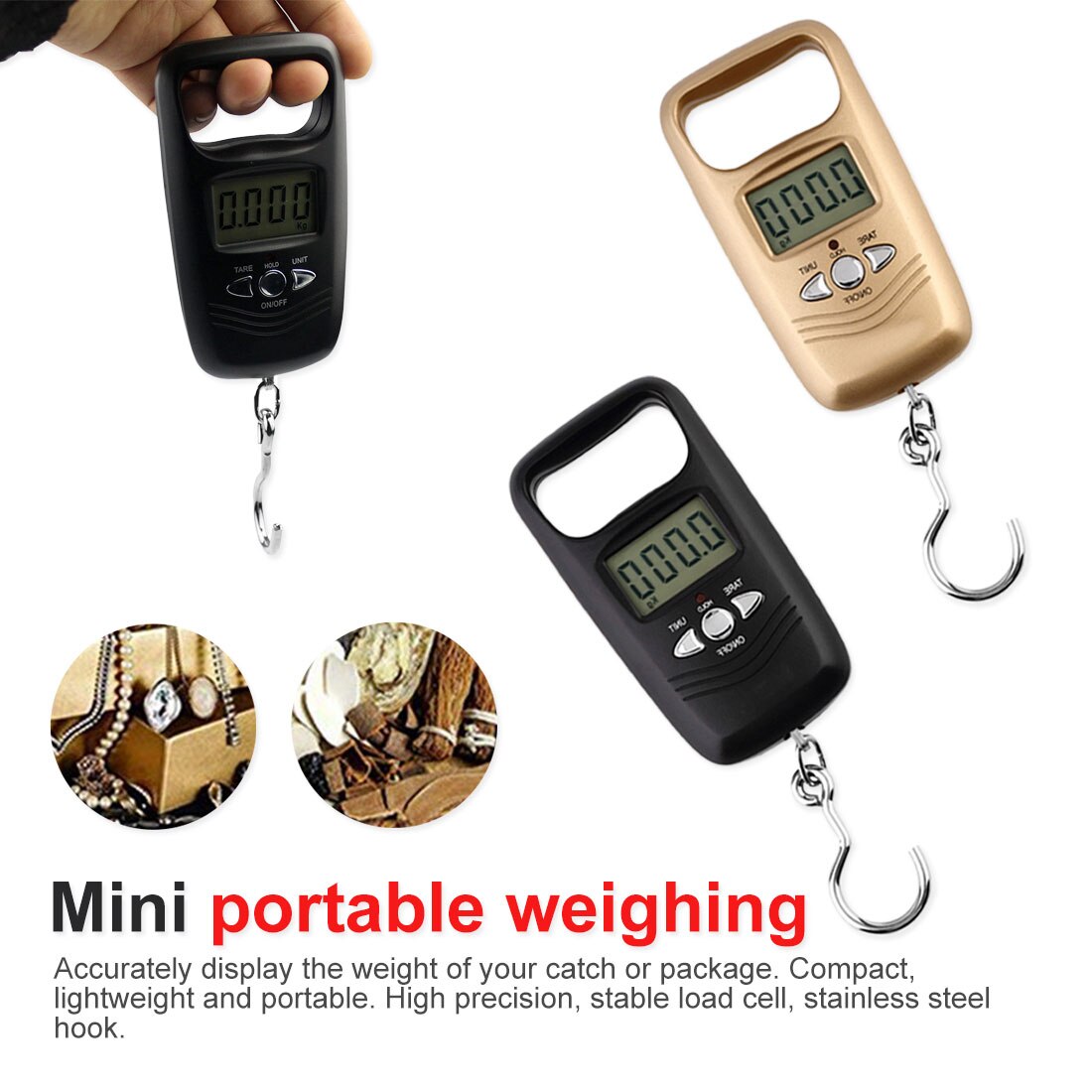 Electronic Pocket Scale Portable Mini 50Kg LCD Digital Display Hanging Weight Hook Scales Black Color