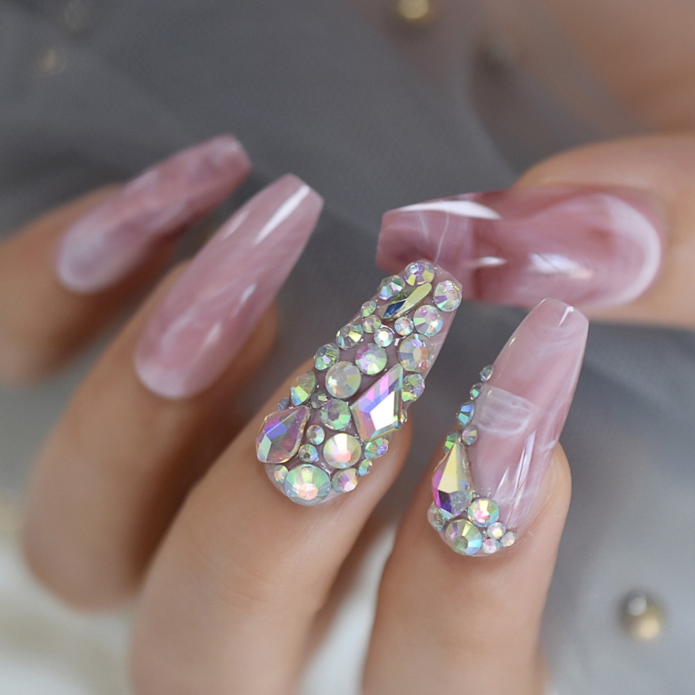 Faux Ongles en marbre, pré-conçus, pré-conçus, Ongles de luxe Extra longs en forme de cercueil, accessoires de décoration pour fêtes et mariage