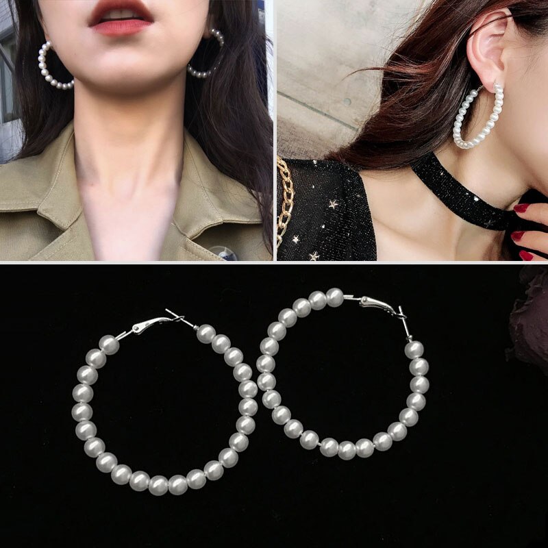 Nova moda pérola hoop brincos para mulher exagera oversize elegante criativo pérola círculo orelha anéis jóias presente acessórios