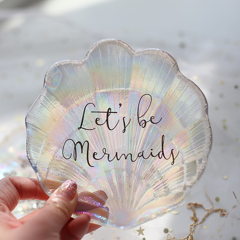 Mermaid Shell Glass Plate Dish Small Fancy Jewelry Storage Tray Ring Trinket Dish Wedding Decoration for Girls