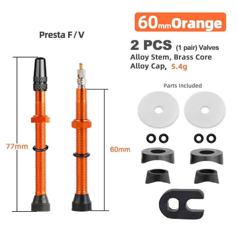 Deemount 2PCS Bicycle Tubeless Tire Presta Valve Brass Core Optional Brass Alloy Stem 40/60/80/100/120mm W/ Alloy Cap &amp; Tool: 60mm Alloy Orange B