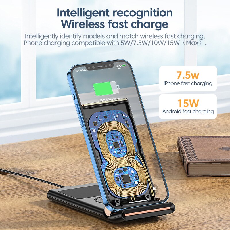 Kuulaa qi trådløs oplader 3 in 1 til iphone 13 12 11 pro max xr  x 8 foldbar ladestation til apple watch airpods pro