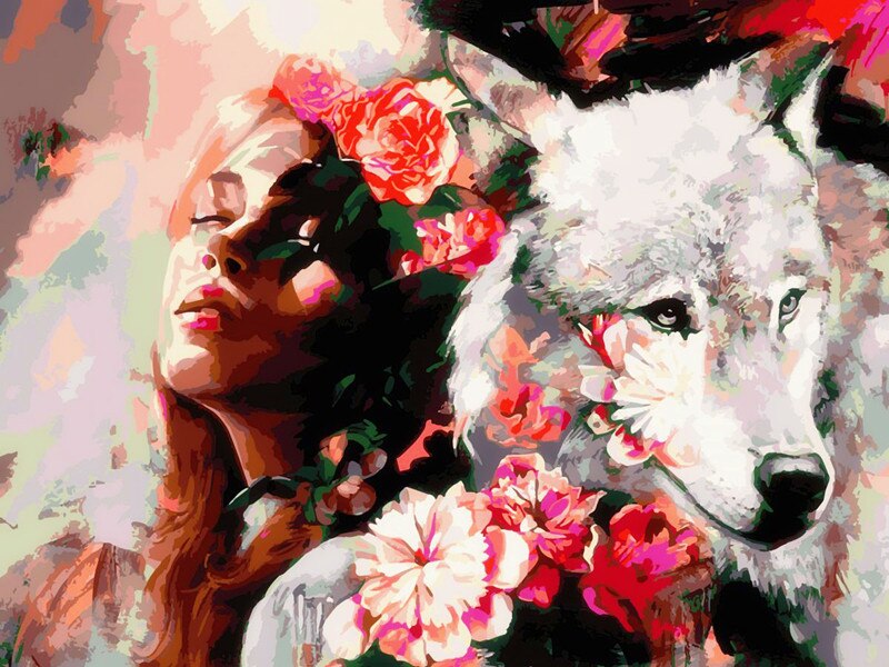 Azqsd olieverfschilderij op nummer wolf meisje diy kleurrijke verf handgemaakte oningelijste tekening op nummer dier huisdecoratie: Grootte 5394