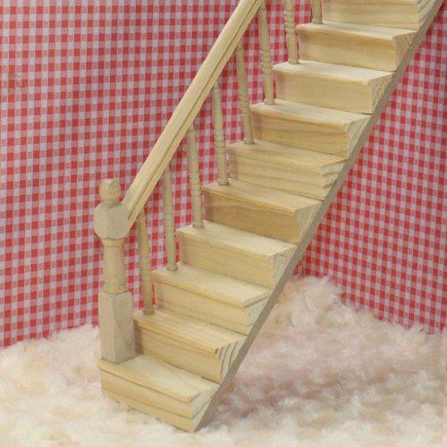 Kuulee 1:12 Dollhouse Pre-Assembled Staircase Wooden Stair Stringer Step with Left Handrail