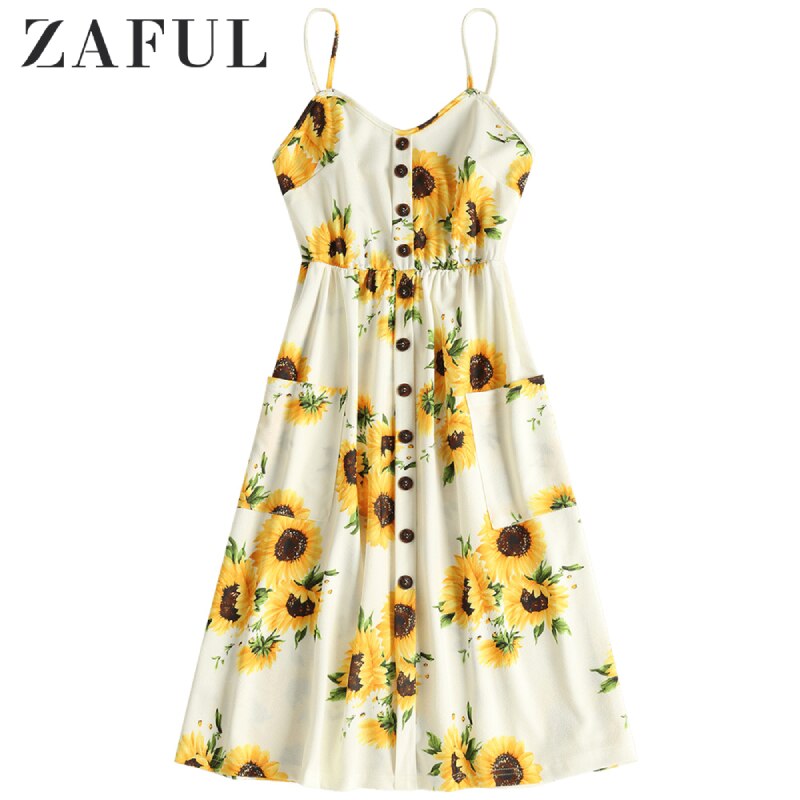 ZAFUL Boho Floral Print Summer Dress V Neck Pockets Sleeveless Midi Dresses Female Sunflower Pleated Backless Button Sexy Dress
