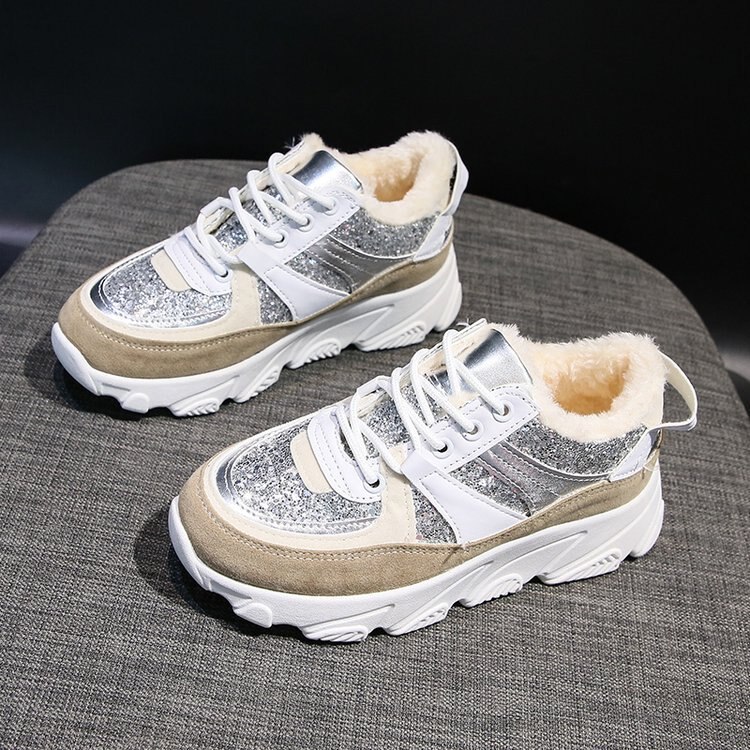 Ins super fire sneakers women Korean thick bottom student running shoes lace casual sports shoes fpr women ZZ-250: Beige plus velvet / 8