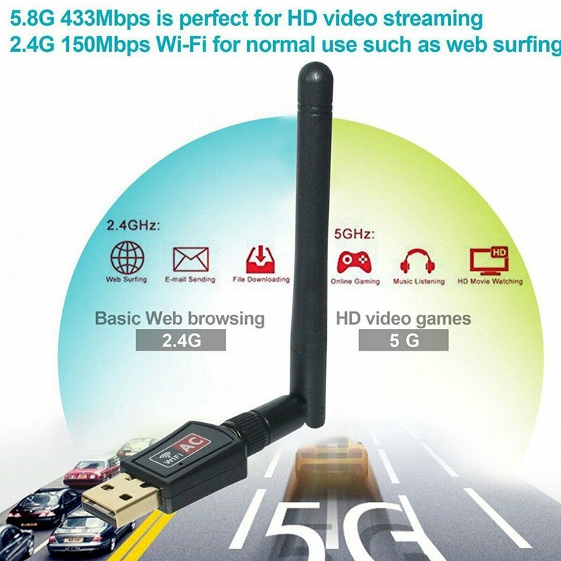 600 mbps dual-band 2.4/5 ghz draadloze usb wifi-netwerkadapter met antenne 802.11ac