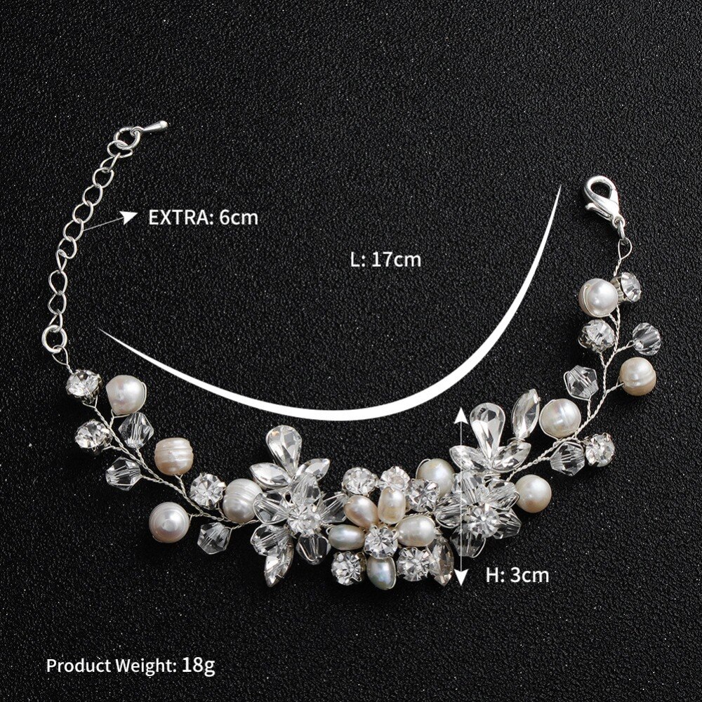 SLBRIDAL Handmade Silver Plated Crystal Wedding Bracelet Rhinestones Freshwater Pearls Bridal Bracelet Bridesmaids Women Jewelry