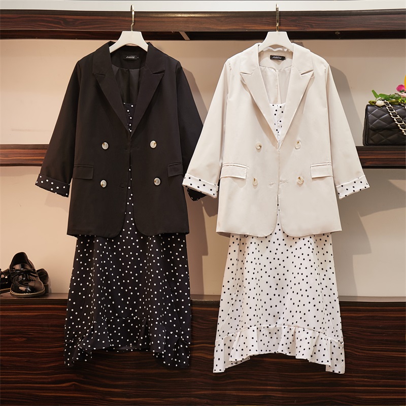 herbst Plus Größe Zwei Stück setzt Frauen Kleid + Anzüge lässig verlieren Elegante Langarm Blazer Und Punkt Schlinge kleider Anzug Mantel