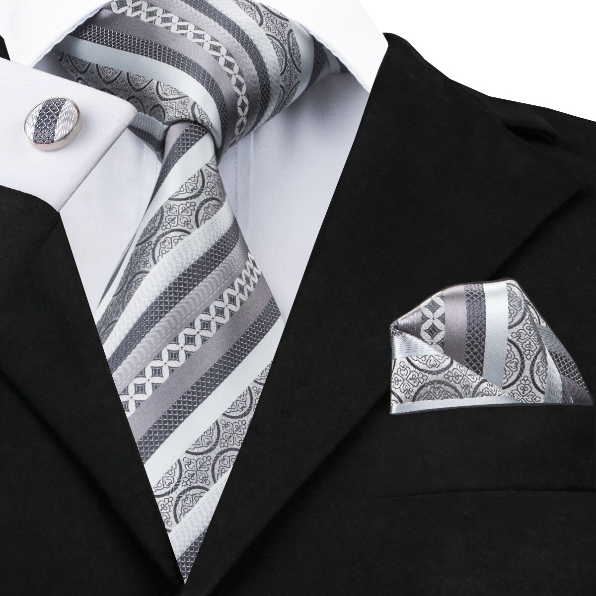 Hi-Tie, nueva corbata gris clásica para hombres, tela de seda Jacquard, juego de gemelos y pañuelo tejido para hombres, de , corbatas de seda SN-1466