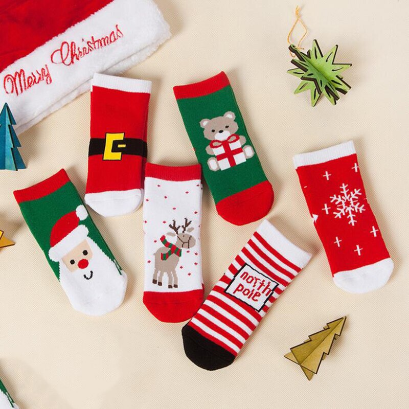 6pcs/set Cotton Baby Socks Boys Girls sokken meisje Kids Socks Children Striped Snowflake Elk Santa Claus Christmas chausette: 4-6 Years