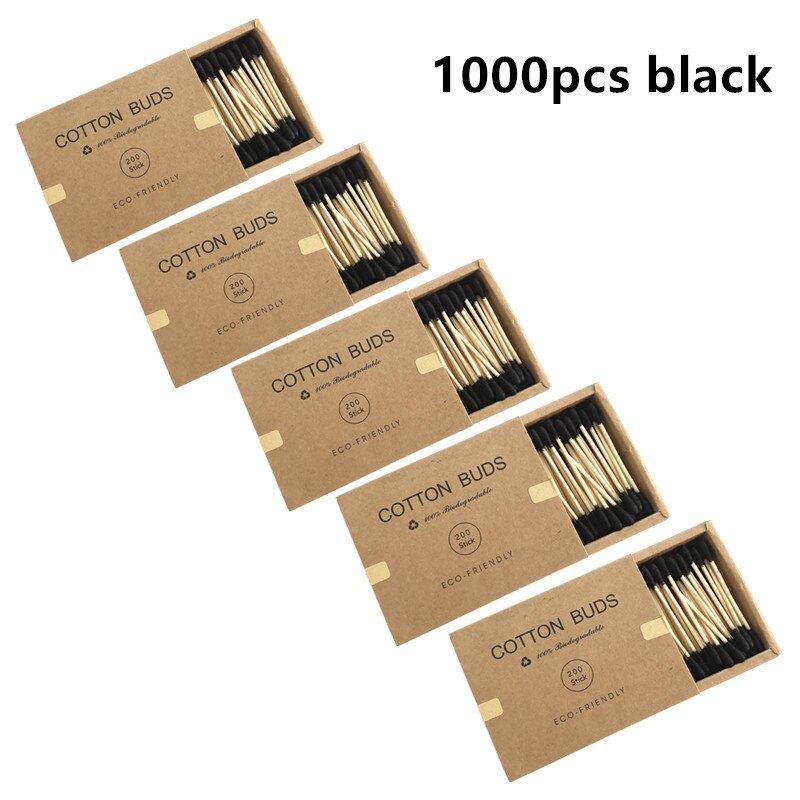 Boîte de coton tiges en bambou, emballage carton qui contient 1000 bâtonnets en bois, double embout, pour le soin des oreilles et du nez, accessoire de maquillage: 1000Pcs black