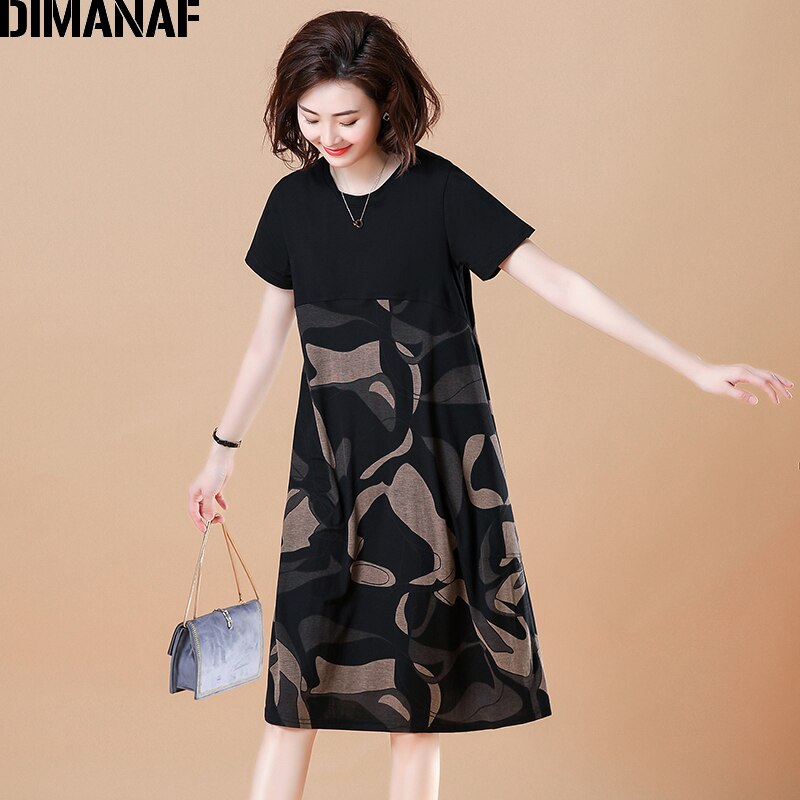 Dimanaf vestido feminino, tamanho grande roupas femininas de algodão solto emendado elegante vestido de verão vintaged impressão preto 5xl